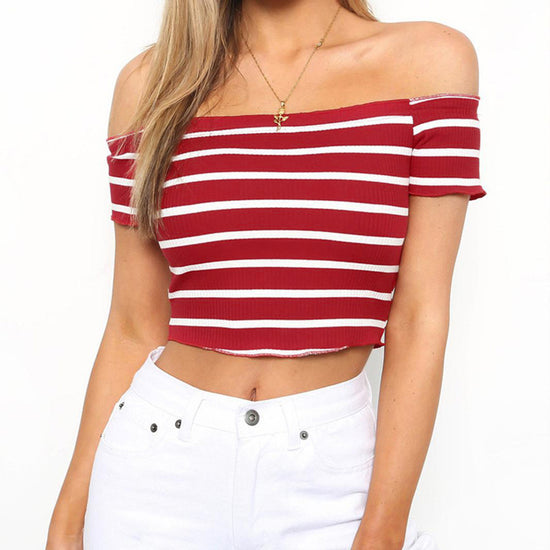 Image Title Red Striped Off Shoulder Crop Top